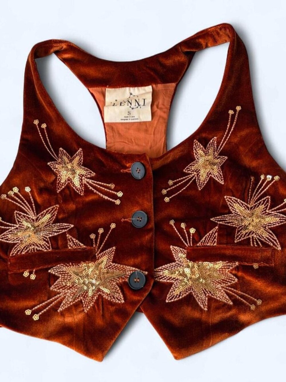 LENNI Rust Orange Velvet Celestial Vest S